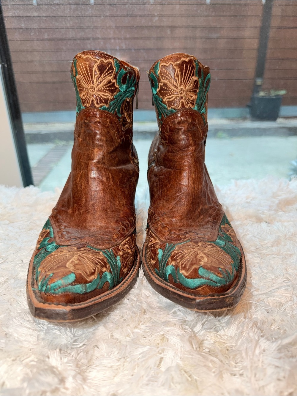 Old Gringo Brown Leather Ankle Boots with Teal Floral Embroidery